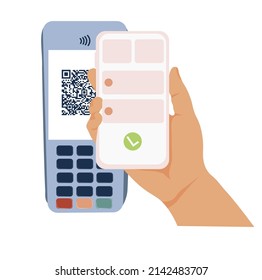 Online shopping concept vector stock illustration. Qr code payment. A hand with a smartphone pays for a purchase through a POS terminal. Isolated on a white background.