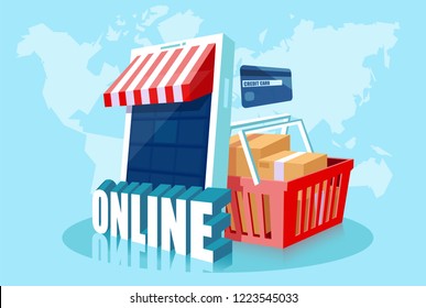 Online shopping concept. Vector of a tablet computer, shopping cart, credit card, and product boxes