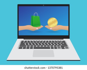 Online shopping concept via laptop computer isolated on background vector illustration