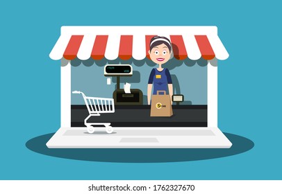 Online Shopping Concept with Virtual Store on Notebook and Cashier - Checker Woman