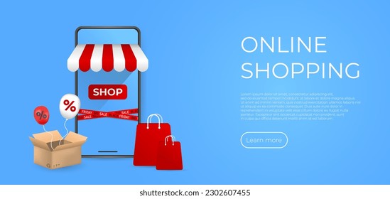 Online shopping concept. Web landing page banner. Realistic mobile phone with gift box and ballon. Vector illustration concept