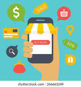 Online shopping concept for web and mobile applications. Ecommerce and shopping icons. Vector flat illustration