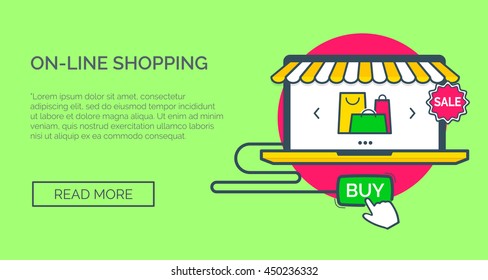 On-line shopping concept web site header. For advertising graphics, mobile apps, page layout design. Vector Illustration