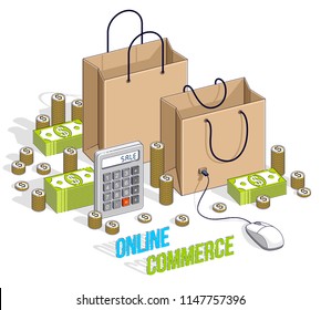 Online Shopping concept, web store, internet sales, Shop bag with pc mouse and cash money stacks and calculator isolated. Vector 3d isometric business and finance illustration.