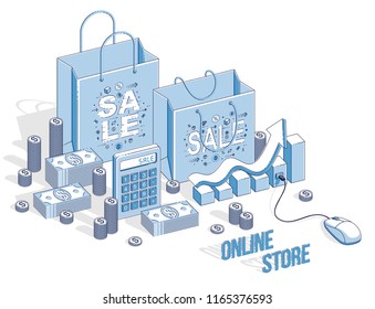 Concepto de compras en línea, tienda web, ventas por internet, bolsa de compras con ratones pc y cajeros de dinero en efectivo y calculadora aislada. Vector 3d, imagen de negocio y finanzas isométricas.
