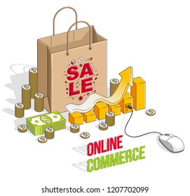 Online Shopping concept, web store, internet sales, Shop bag with pc mouse and cash money stacks and growth chart isolated. Vector 3d isometric business and finance illustration.
