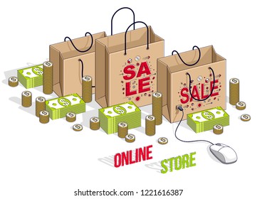 Online Shopping concept, web store, internet sales, Shop bag with pc mouse and cash money stacks isolated on white. Vector 3d isometric business and finance illustration, thin line design.