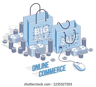 Concepto de compras en línea, tienda web, ventas por internet, bolsa de compras con ratón de pc y pilas de dinero en efectivo aisladas en blanco. Ilustración de negocios y finanzas isométricas vectoriales 3d, diseño de línea delgada.