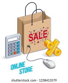 Online Shopping concept, web store, internet sales, Shop bag with pc mouse and percent symbol isolated on white. Vector 3d isometric business and finance illustration, thin line design.