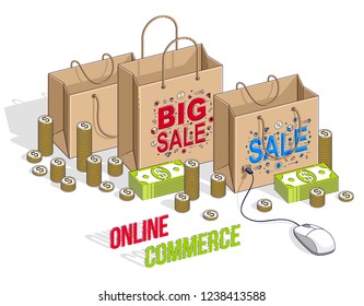 Online Shopping concept, web store, internet sales, Shop bag with pc mouse and cash money stacks isolated on white. Vector 3d isometric business and finance illustration, thin line design.