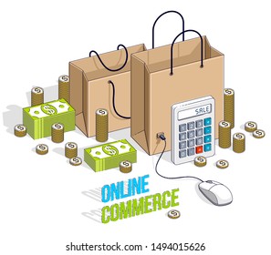 Online Shopping concept, web store, internet sales, Shop bag with pc mouse and cash money stacks isolated on white. Vector 3d isometric business and finance illustration, thin line design.