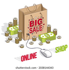 Concepto de compras en línea, tienda web, ventas por internet, bolsa de compras con ratón de pc y pilas de dinero en efectivo aisladas en blanco. Ilustración de negocios y finanzas isométricas vectoriales 3d, diseño de línea delgada.