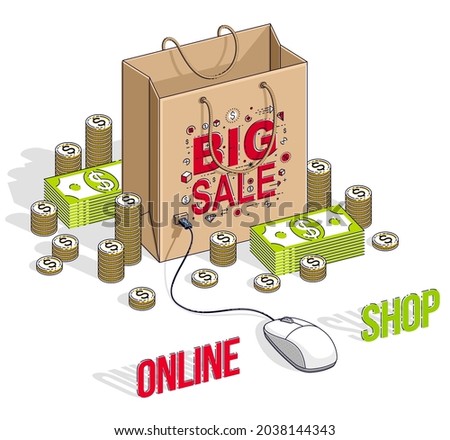 Online Shopping concept, web store, internet sales, Shop bag with pc mouse and cash money stacks isolated on white. Vector 3d isometric business and finance illustration, thin line design.