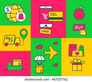 On-line shopping concept website banner with flat thin line stroke icons. For advertising graphics, mobile apps, page layout design. Vector Illustration