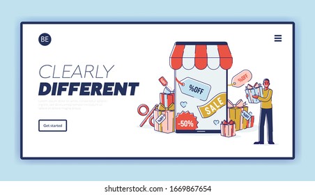 Online Shopping Concept. Website Landing Page. Happy Male Character Buy Gifts In Online Shop. Mobile Phone As A Showcase With Goods. Cartoon Linear Outline Flat Vector Illustration