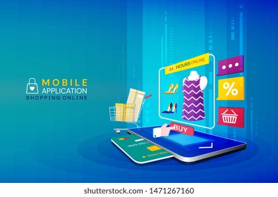 Online shopping concept for website, mobile application. Shopping cart, buttons, payment slot with credit card and a rear display of garments and accessories in a shop. Vector isometric illustrration