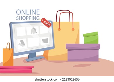 Online shopping concept. Website on the monitor. Marketing and digital marketing. Online store. Vector cartoon illustration for web design, banner.