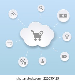 Online Shopping Concept whith Cloud, money, creditcard, wifi.