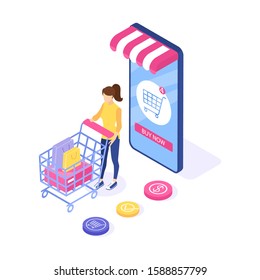 Online shopping concept. Woman buy dress on the site. Can use for web banner and infographics. Isometric design. Vector illustration.