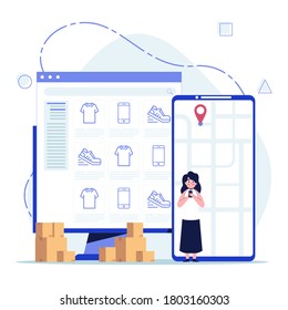 Online shopping concept. Woman buy things in the online store. Shopping on social networks through computer. Flat design vector illustration