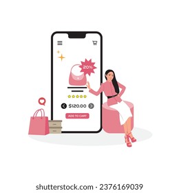 Online shopping concept. Woman buying clothes online. Vector illustration in flat style