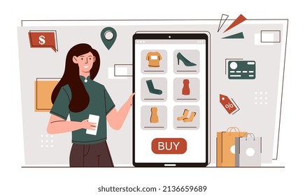 Online shopping concept. Woman buys clothes in mobile application of online store. E commerce or service on smartphone screen. Making purchases and paying remotely. Cartoon flat vector illustration