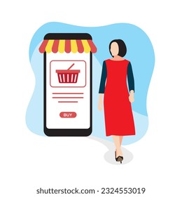 Online shopping concept. Woman with a shopping cart on the smartphone screen. Vector illustration in flat style