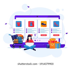 Online shopping concept, A woman chooses and buys products in the online store flat vector illustration