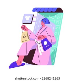 Online shopping concept. Woman customer buying clothes in internet store with mobile phone. Happy girl purchasing fashion apparel from home. Flat vector illustration isolated on white background