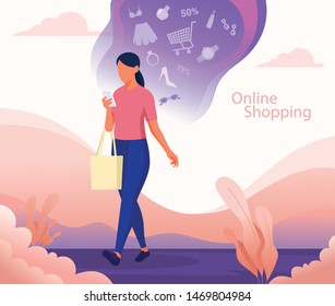 Online shopping concept with woman holding smartphone and e-commerce icons vector illustration