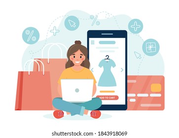 Concepto de compras en línea con una mujer sosteniendo un portátil. Plantilla de ilustración de vector