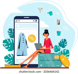 Online shopping concept with woman holding a laptop. Coins, smartphone and credit card. Special offer, discount. Vector illustration template.