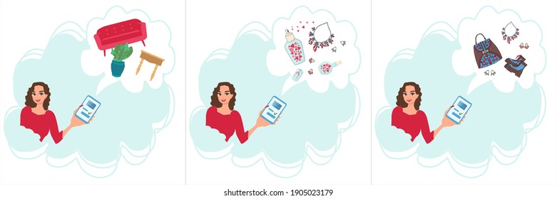 Online shopping concept, woman shopping from home. Vector illustration in a flat style.