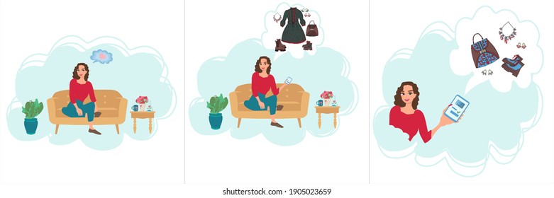 Online shopping concept, woman shopping from home sitting on couch. Vector illustration in a flat style.