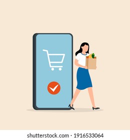 Online shopping concept. Woman just doing online shopping using smartphone. Vector illustration