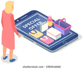 Online shopping concept. Woman looking at shopping bag and purchases at phone with special promotional offer. Female character selects products on touchscreen with buttons on website of online store