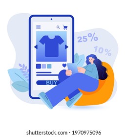Online shopping concept. Woman makes purchases using smartphone scene. Mobile application for shopping on store website with online payment. Vector illustration with people character in flat design
