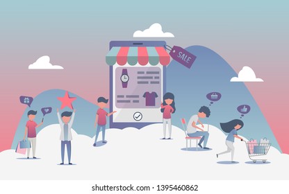 Online shopping concept,  Woman and men are using mobile and computer to buy online,Vector flat style.