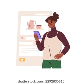 Online shopping concept. Woman with mobile phone, smartphone, making purchase in internet store, ordering in digital market, marketplace. Flat graphic vector illustration isolated on white background