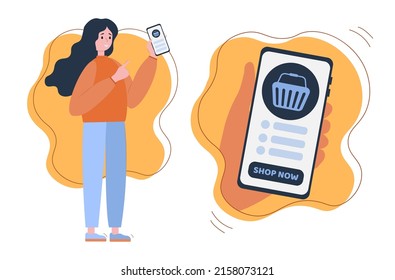 Online shopping concept. Online shopping. A woman with a phone in her hands buys on the Internet. Flat style. Vector illustration.