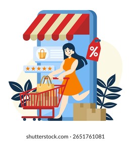 Online shopping concept with a woman is pushing a cart away from a smartphone. flat color illustration vector isolated on white background.