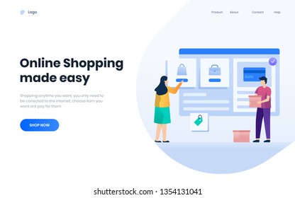 Online Shopping Concept, Woman Shop Online,  Ecommerce Illustration For Landing Page, People Deliver Product Vector, Banner Page, Template, Web Ui