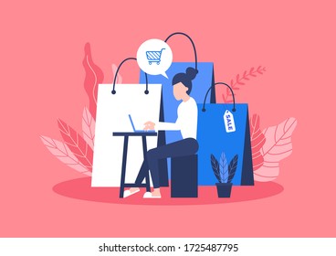 Online shopping concept. Woman sitting with a bag of goods ordered from online shopping.