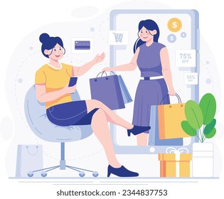 Online shopping concept. Woman sitting on chair with shopping bags and using mobile phone. Online shopping on website or mobile app. Order goods and get them fast and easy.