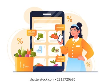 Online shopping concept. Woman with smartphone in her hand buys natural and fresh products on Internet. Home delivery and electronic transactions and transfers. Cartoon flat vector illustration