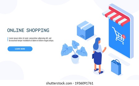 Online shopping concept. Woman stands in front of a large smartphone and chooses a product. Web banner in isometric style. Vector illustration.