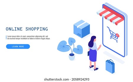 Online shopping concept. Woman stands in front of a large smartphone and chooses a product. Isometric vector web banner.