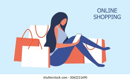 Online shopping concept, woman use mobile ordering shopping with shopping bags vector illustration. Online shopping , digital payment, delivery technology business concept background