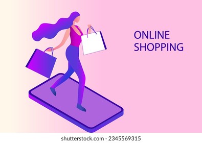 Online shopping concept, woman using mobile ordering shopping vector illustration