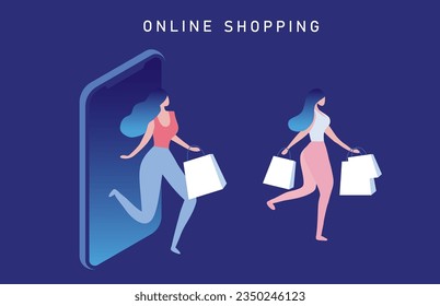 Online shopping concept, woman using mobile ordering shopping vector illustration